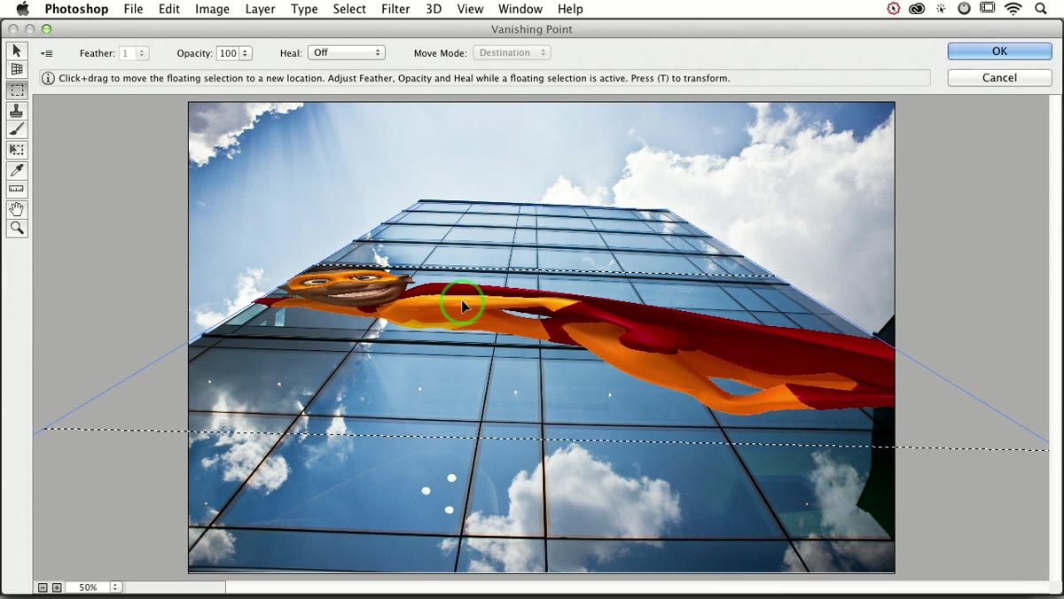 Superhero image snapping into perspective on building plane