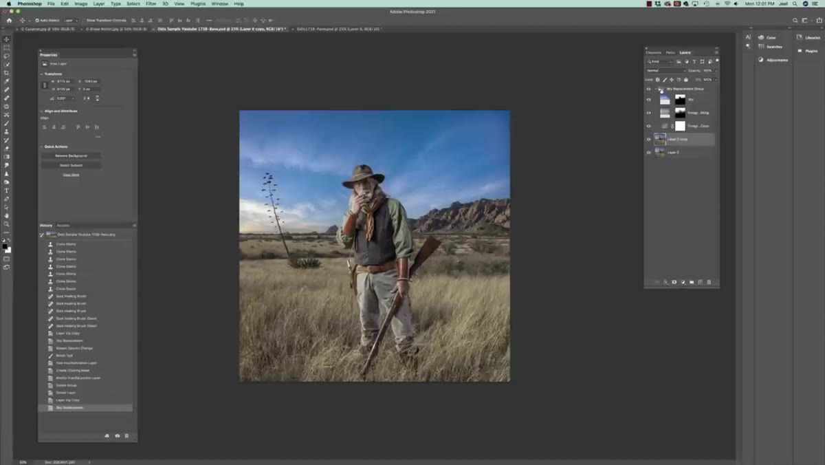 Layers panel showing multiple sky replacement layers grouped together