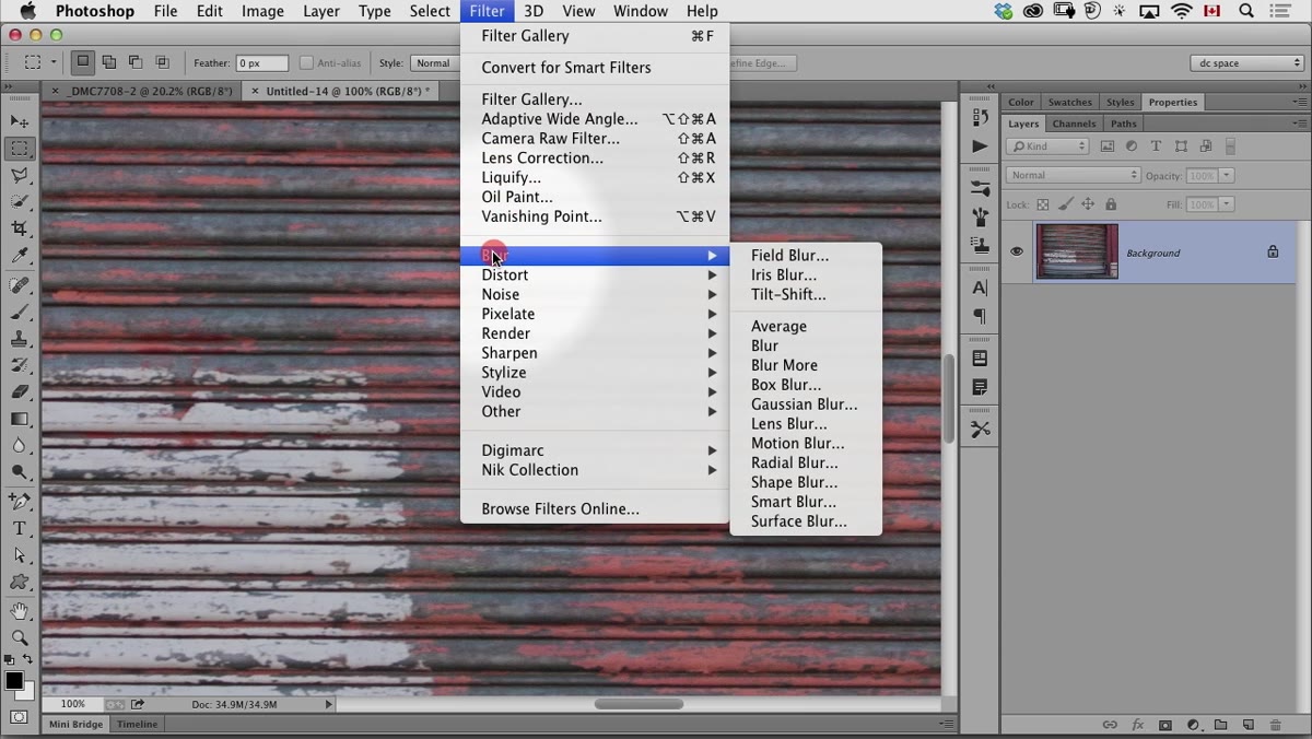 Filter menu open with De-Speckle option highlighted