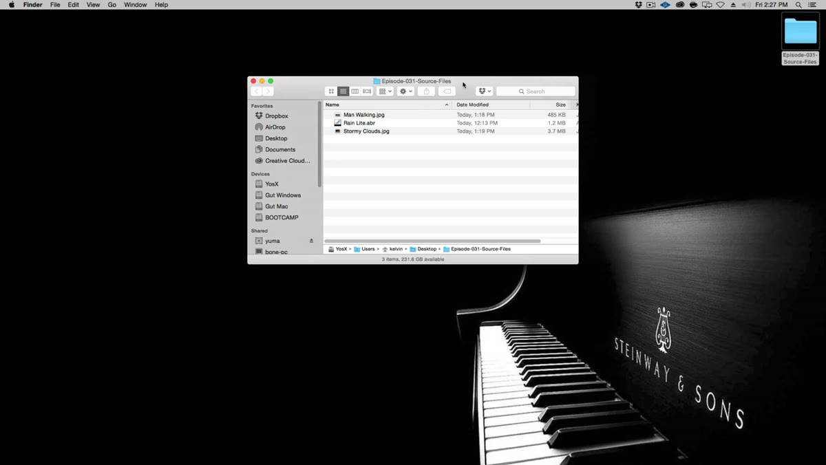 Folder containing base photo, cloud image, and Photoshop brushes