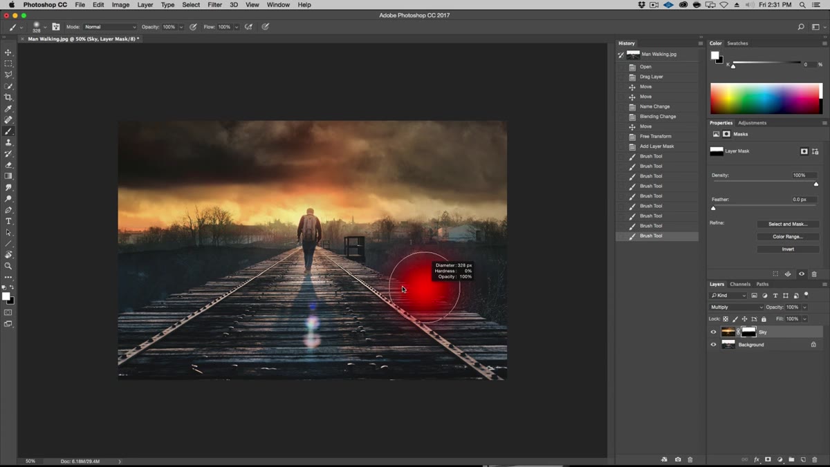 Rain layer with blending mode and opacity adjusted for realism
