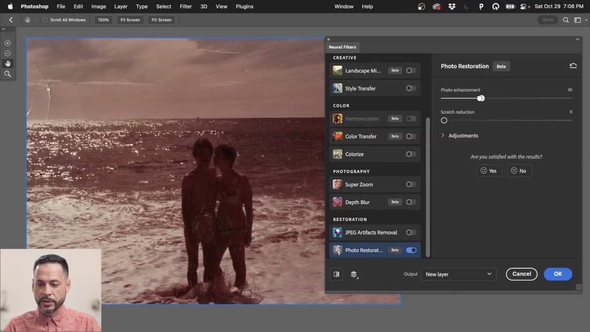 Neural Filters panel with Scratch Reduction slider being adjusted
