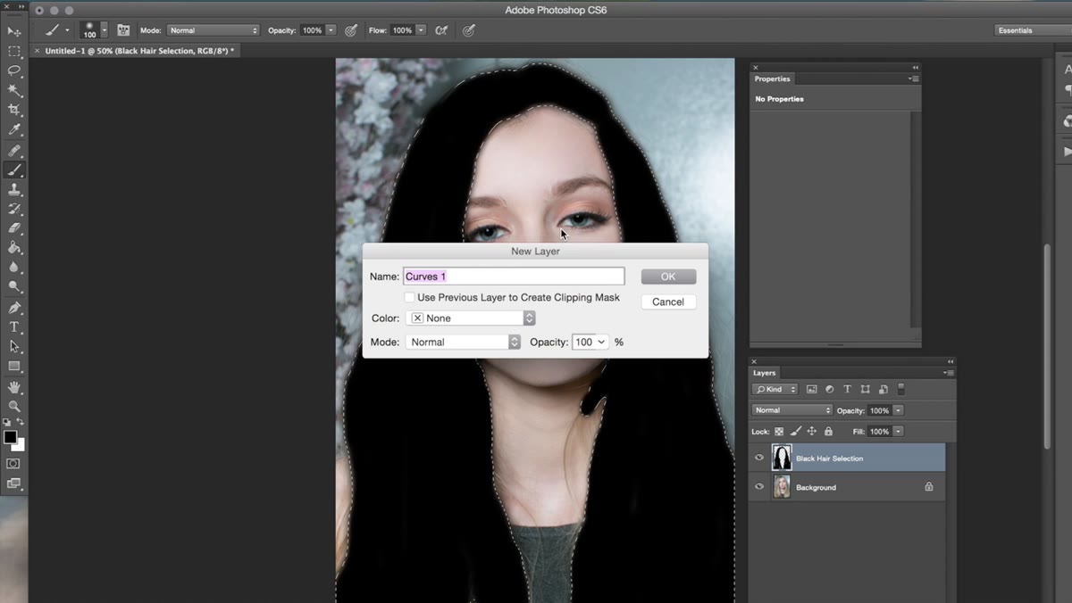 Curves adjustment layer added with hair mask visible in Layers panel