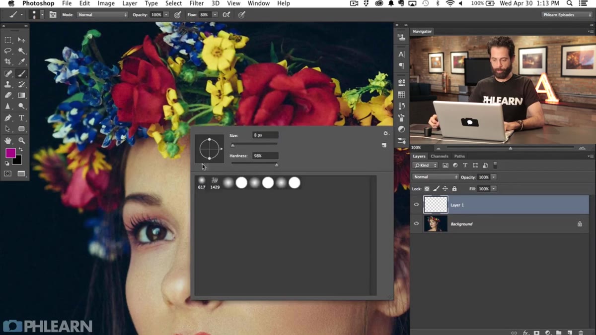 Brush tool settings panel, flow set to 10 percent