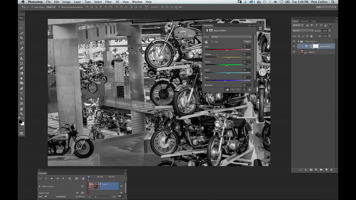 Black and White adjustment layer panel open over video timeline