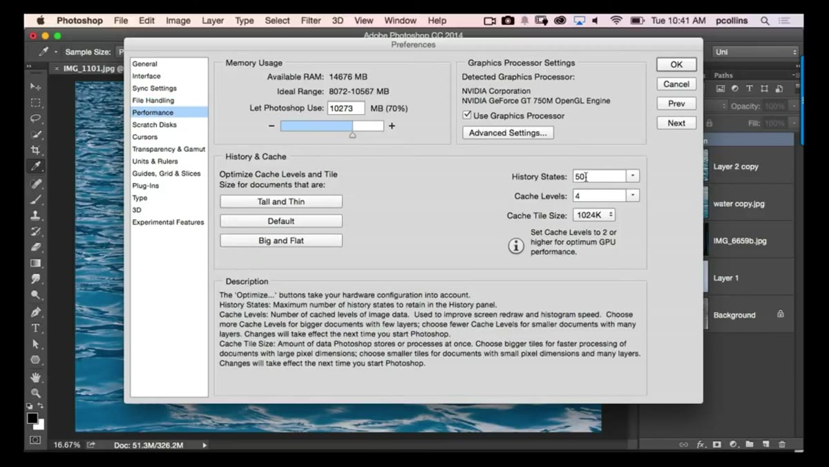 Photoshop Preferences panel open, Performance section visible
