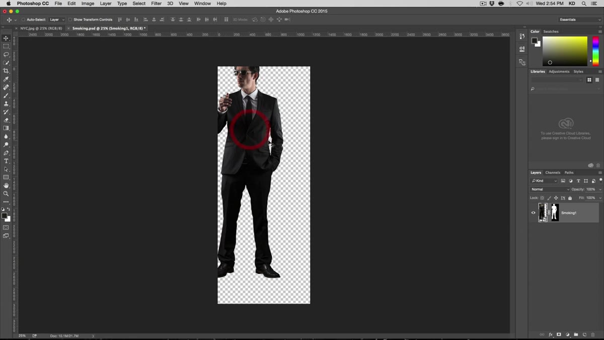 Using the Move tool to drag the portrait layer onto the NYC background tab
