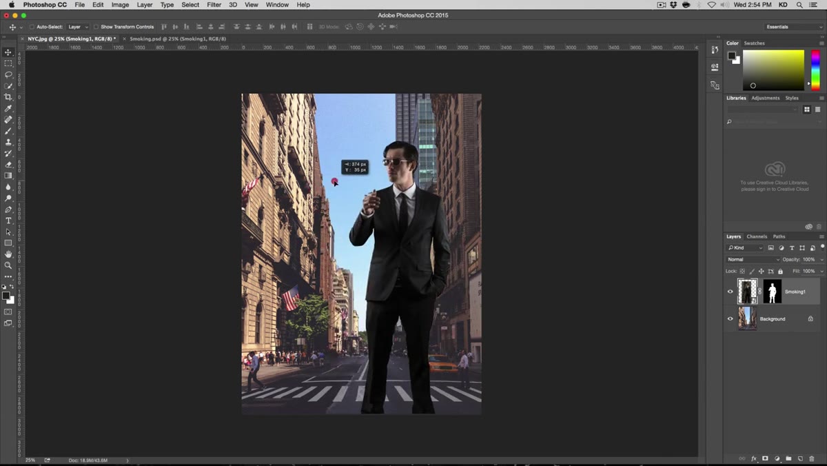 Moving the portrait layer around the NYC background using the Move tool
