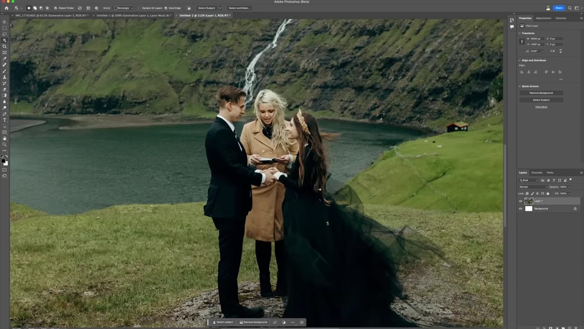 Person being removed from wedding photo using Generative Fill