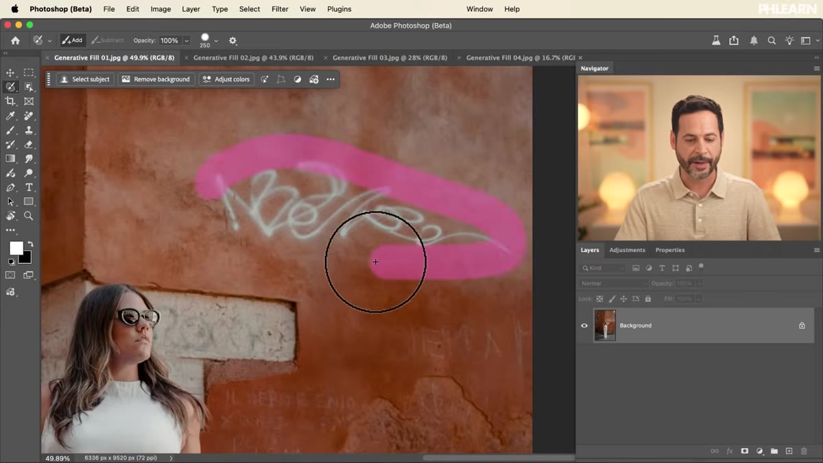 Loose circular selection painted around graffiti and cable
