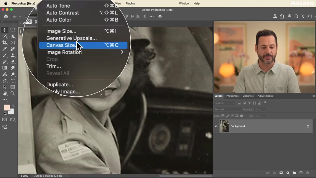 Photoshop Image menu open with Generative Upscale highlighted