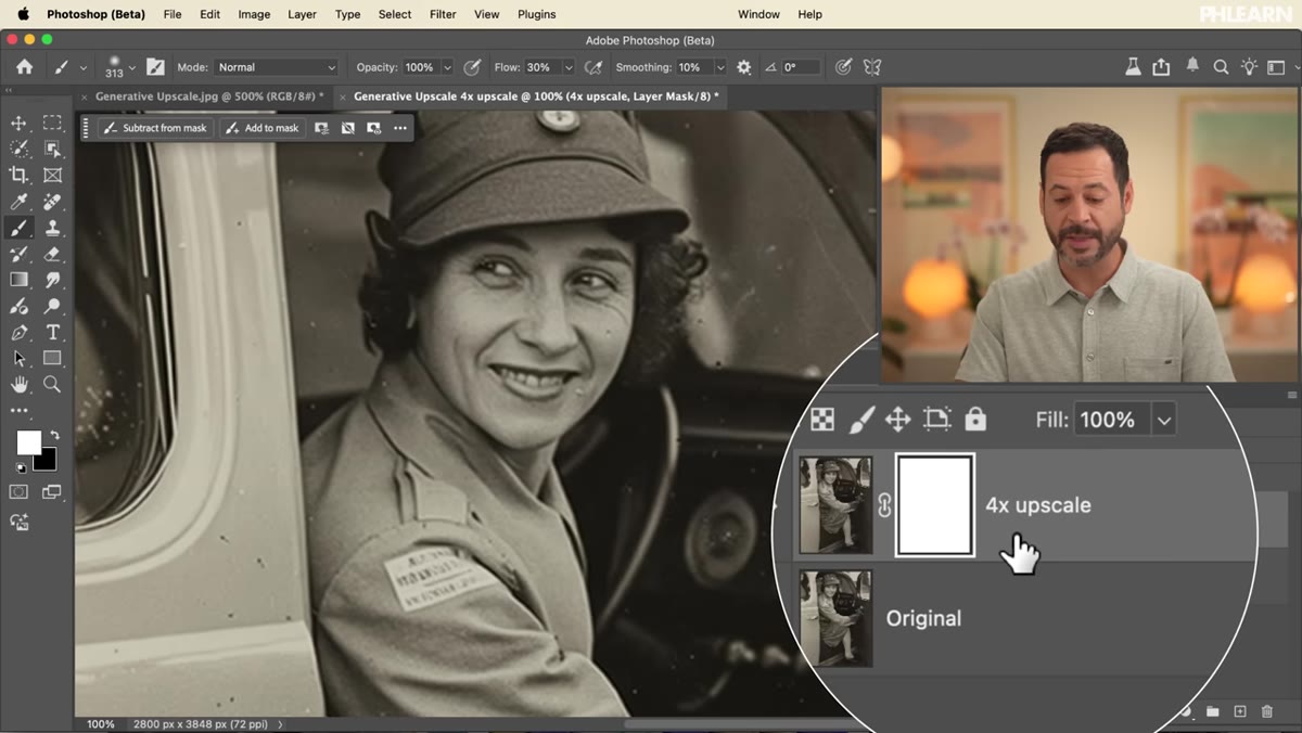 New document with upscaled and original layers visible in panel
