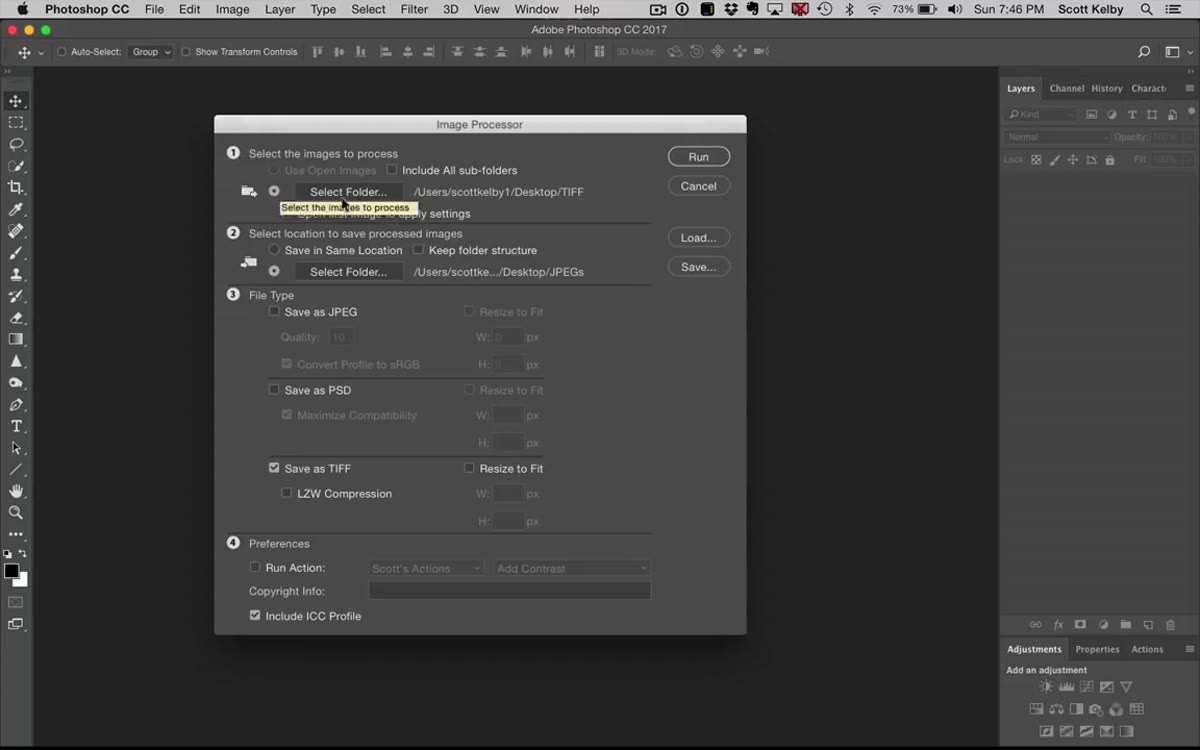 Image Processor dialog open, Step 1 folder selection highlighted