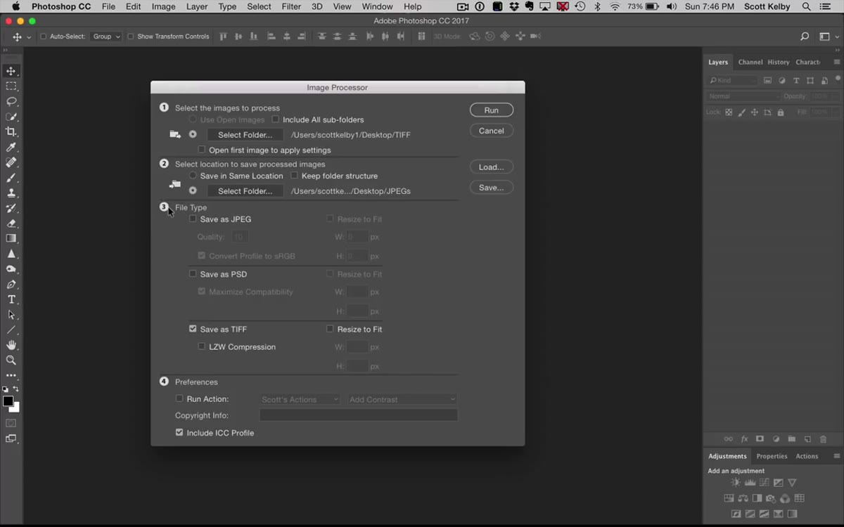 File type checkboxes showing JPEG, PSD, and TIFF options with settings