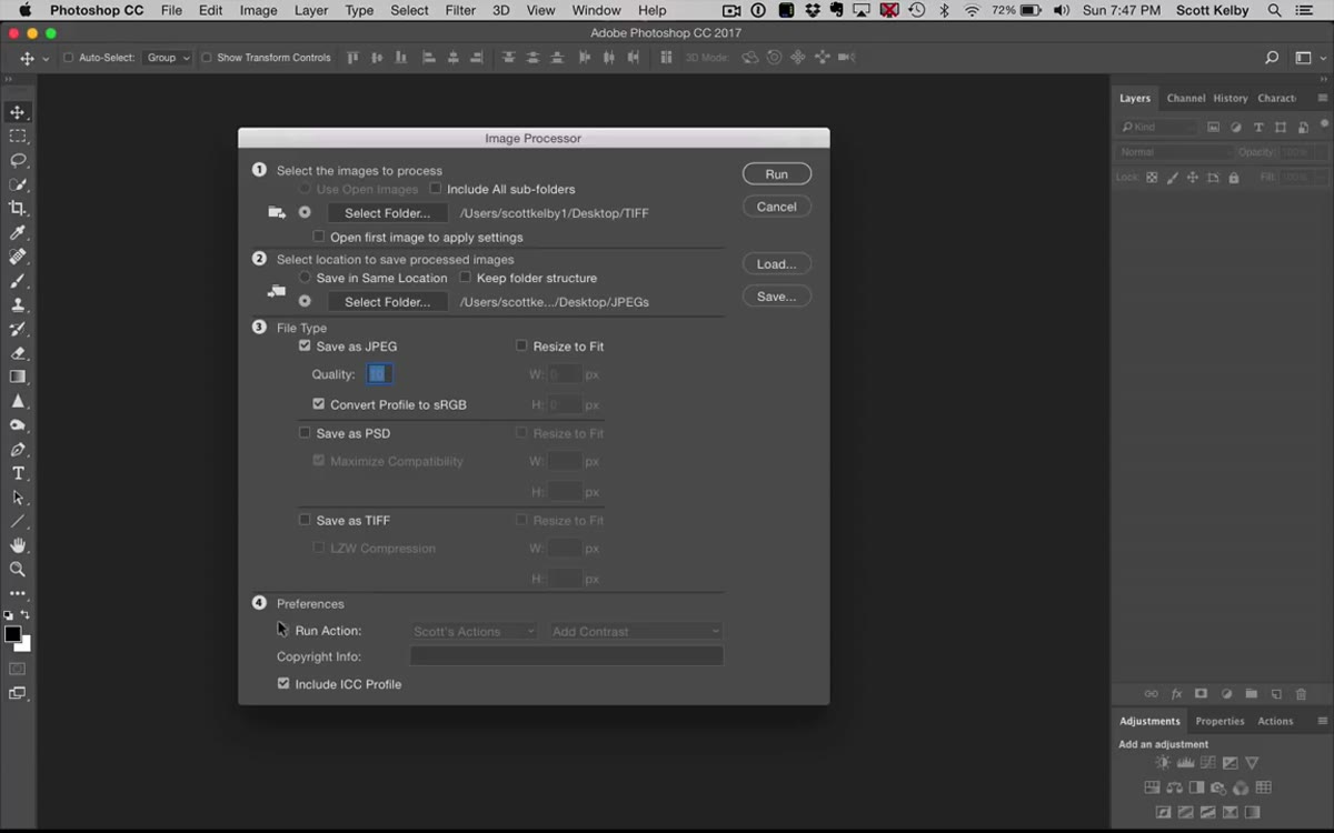 Run Action section with action dropdown showing &ldquo;Add Contrast&rdquo; selected
