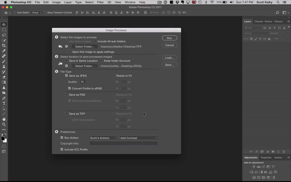 Copyright field filled in, Run button visible at bottom right
