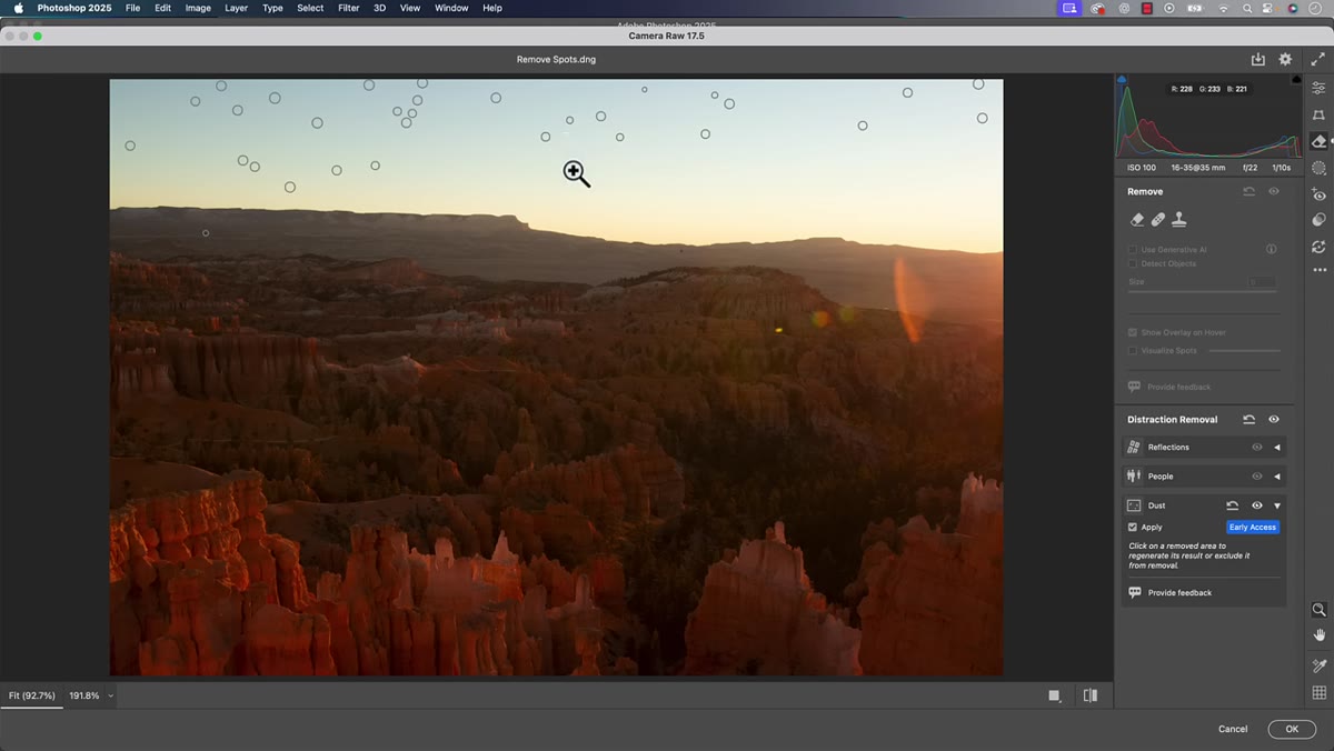 Hovering over detected spots with markers visible across the image