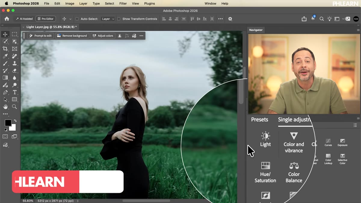 Adjustment layers panel with Brightness/Contrast missing, Light visible