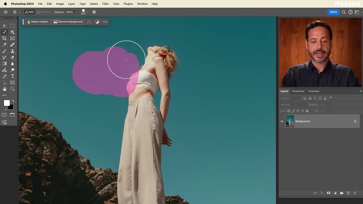 Magenta overlay appearing as brush strokes are painted over the image