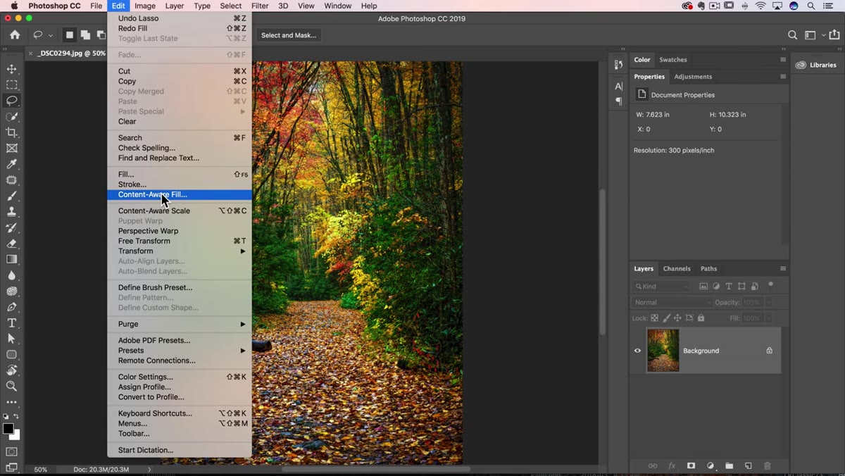 Content-Aware Fill dialog box open with green sampling overlay