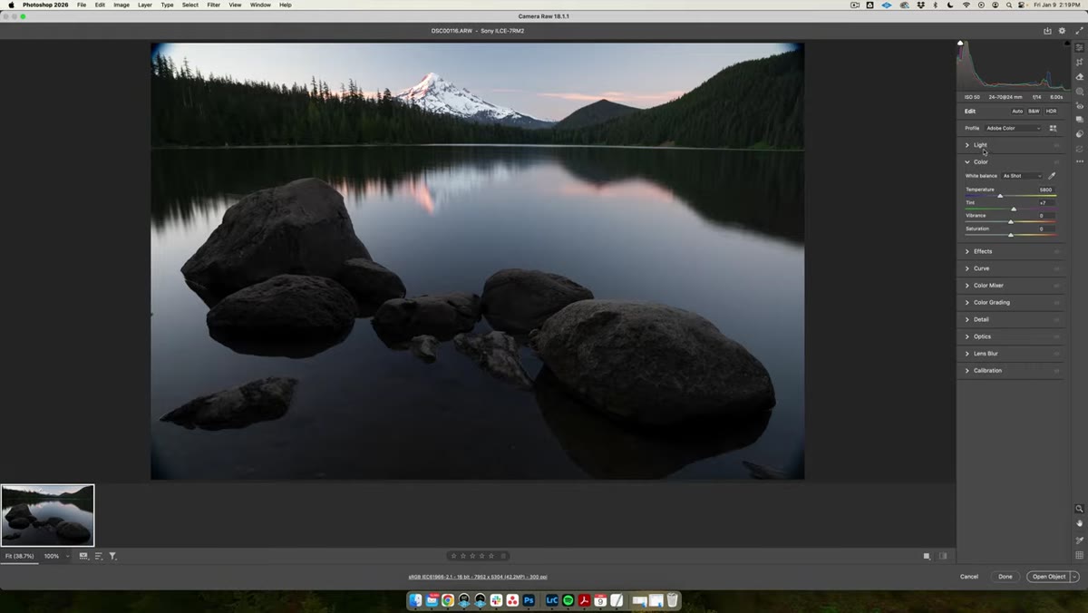 Camera Raw basic panel with exposure and tone sliders adjusted