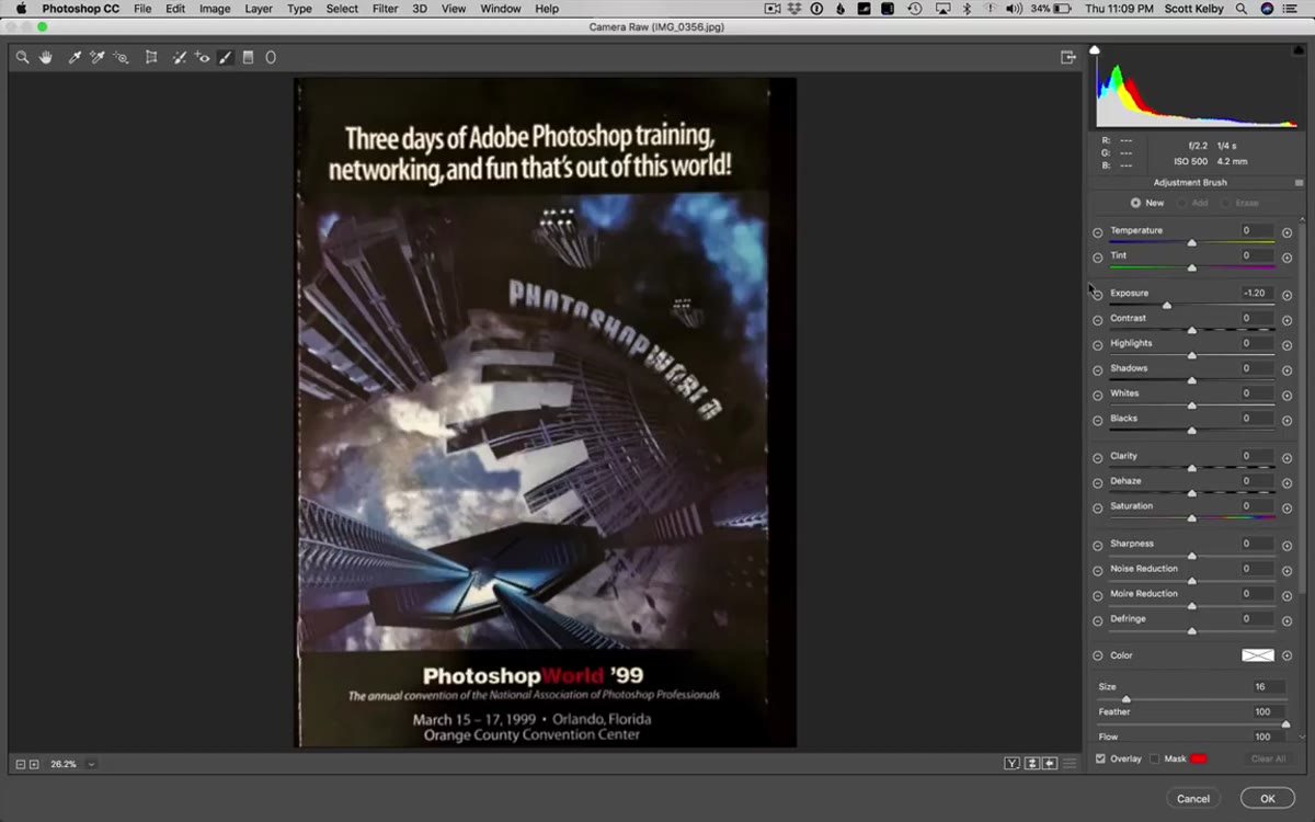 Camera Raw Adjustment Brush painting over dark banding area near bottom of brochure