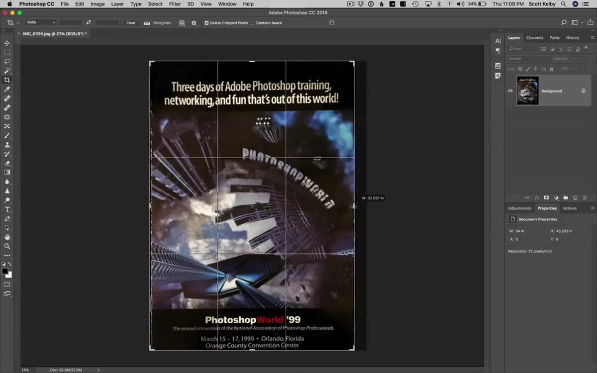 Crop tool active, trimming bent edges and distortion from brochure corners