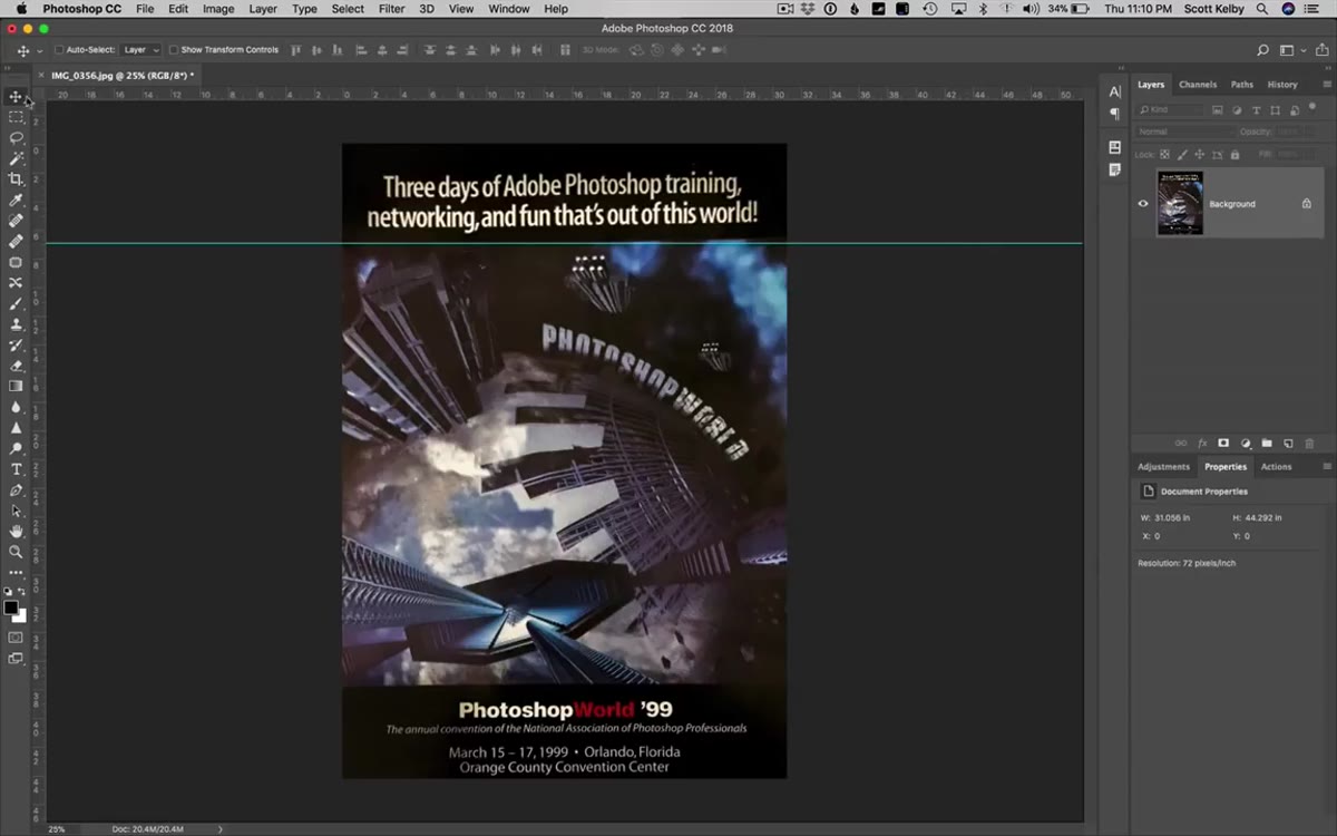 Background layer being unlocked before using Free Transform to correct a misaligned line