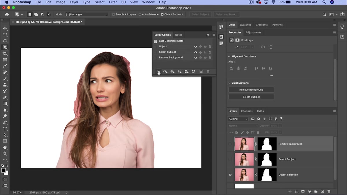 Zoomed-in view toggling between three layer comp results