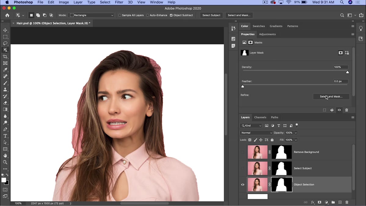 Select and Mask dialog open with Refine Edge brush active on hair