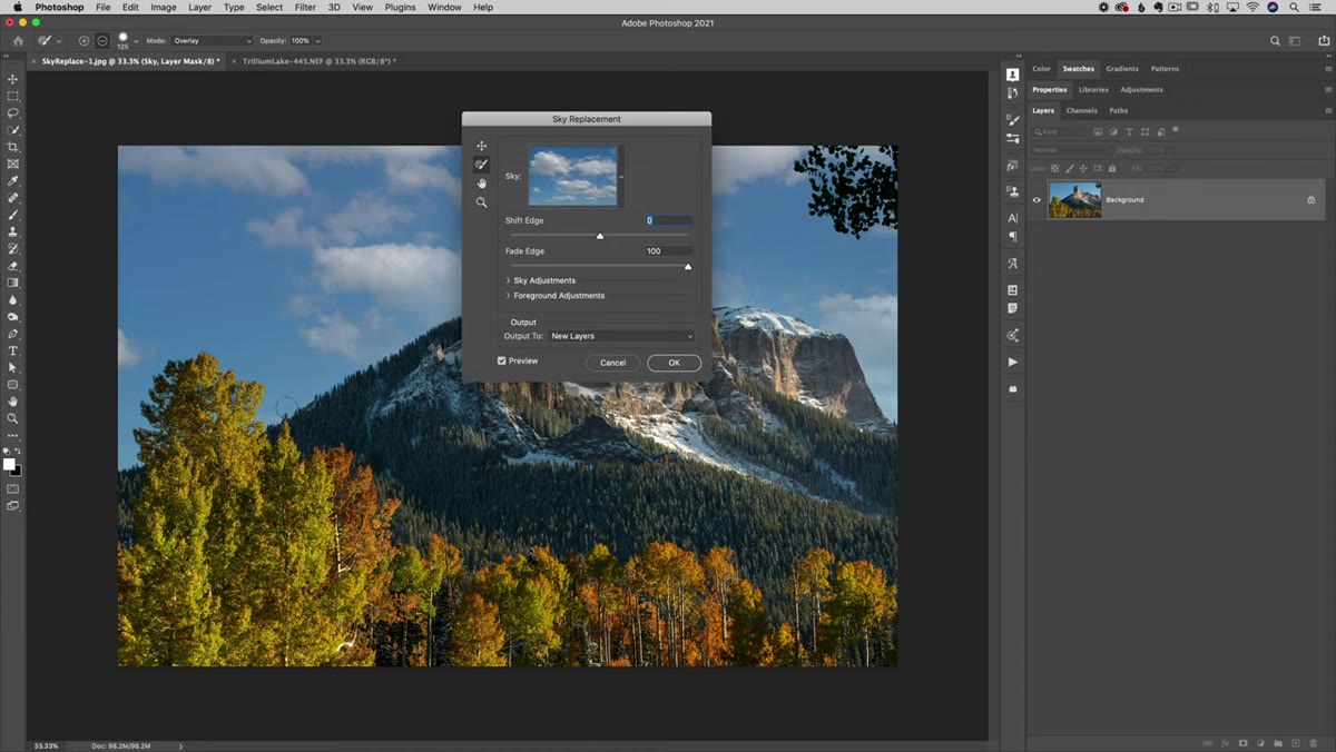 Foreground lighting and color adjustment sliders in panel