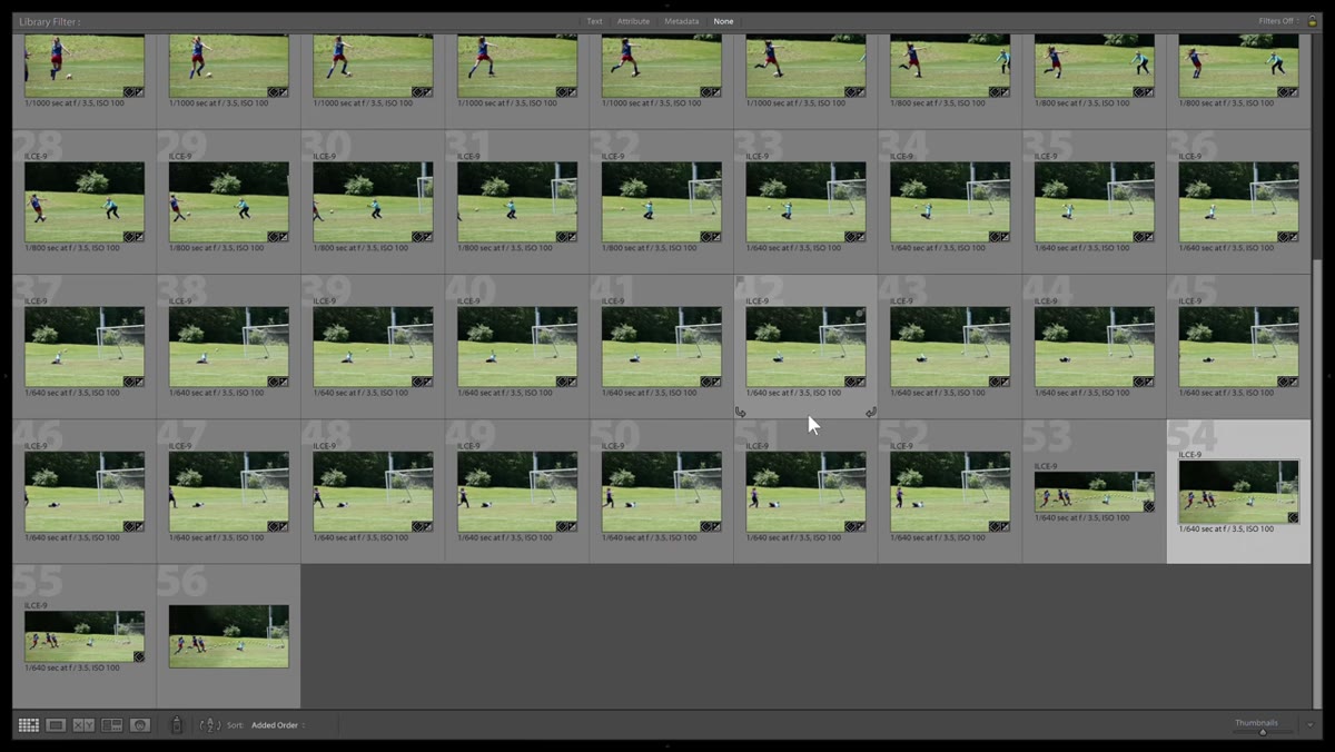 Lightroom grid showing burst of soccer action frames