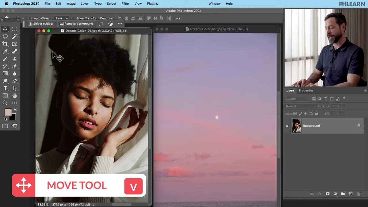 Moving a second image onto the subject photo with the Move tool