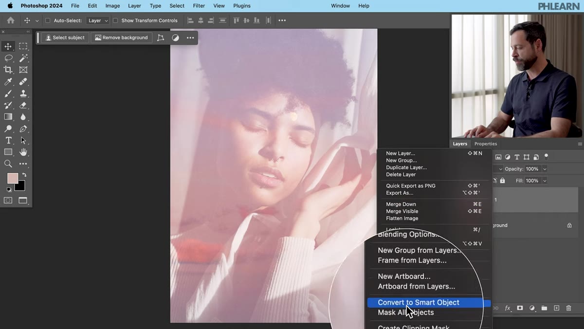 Right-click context menu showing Convert to Smart Object option