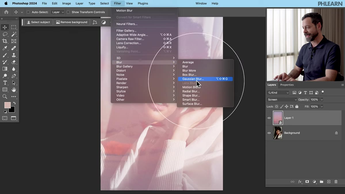 Gaussian Blur dialog box with radius slider being adjusted