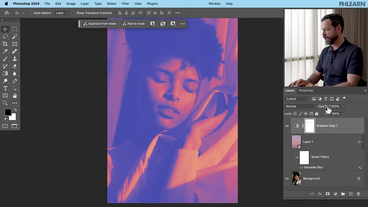 Layers panel showing Gradient Map on top and blurred color layer below