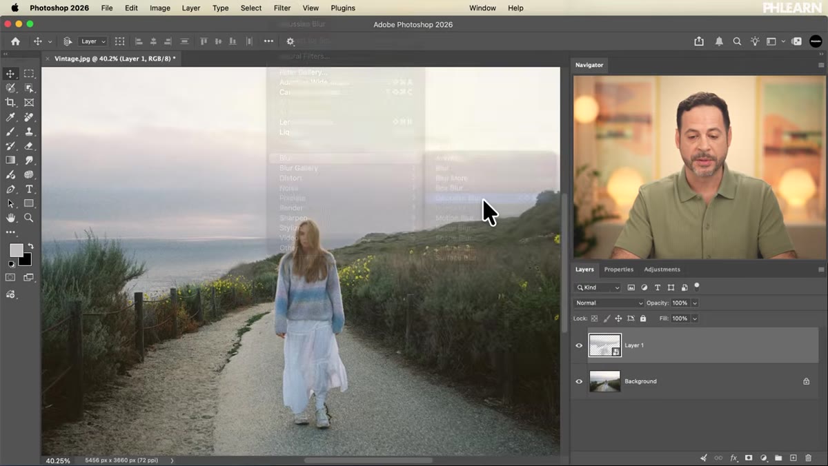 Gaussian Blur dialog with blur applied to highlight layer