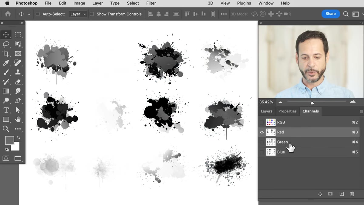 Green channel thumbnail selected, showing bright splatter detail