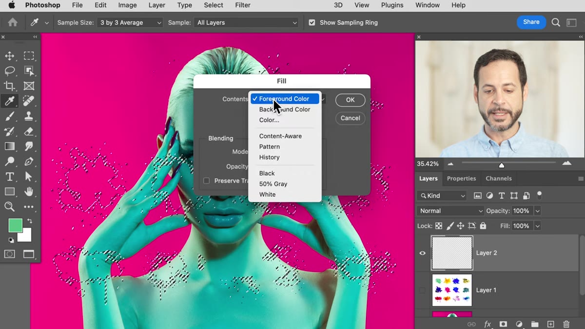 Fill dialog box open with Contents set to Color