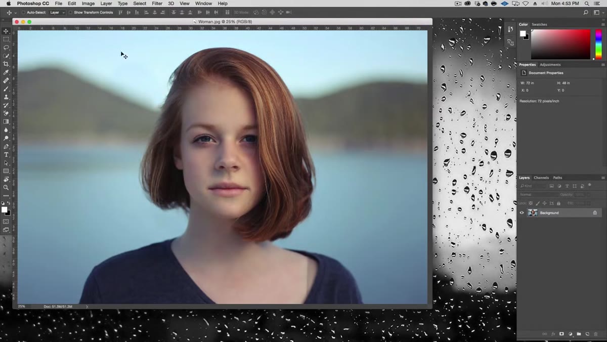 Photoshop workspace with portrait image open, rulers hidden