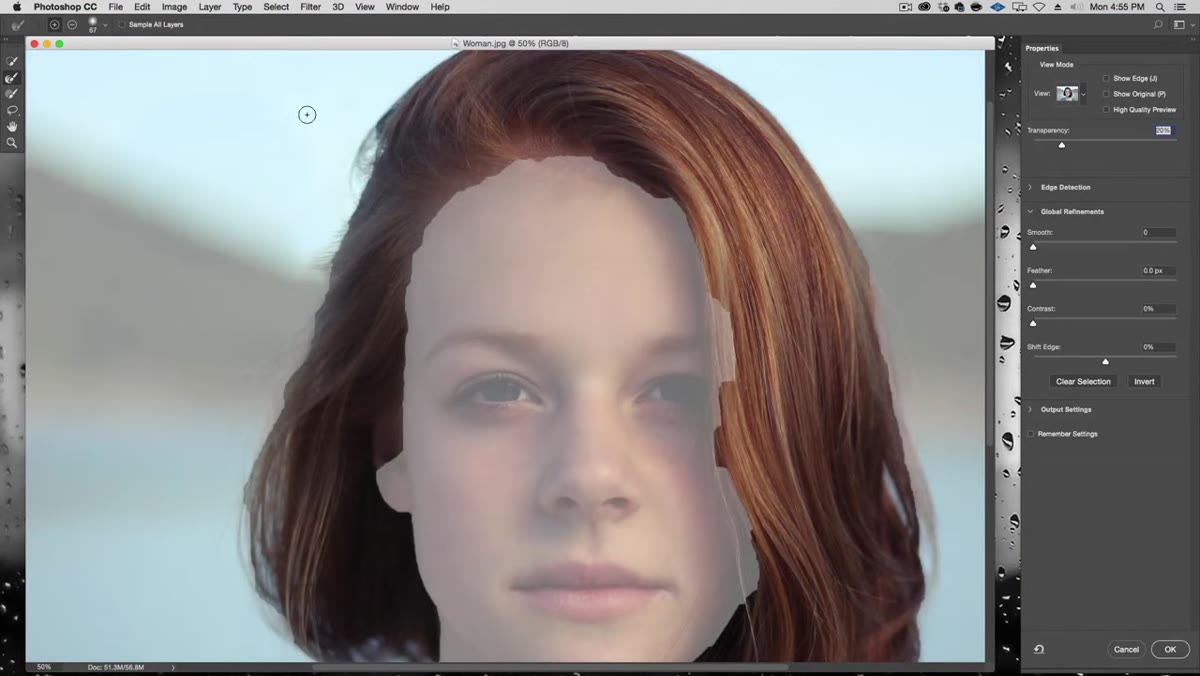 Select and Mask workspace open, Refine Edge brush active on hair