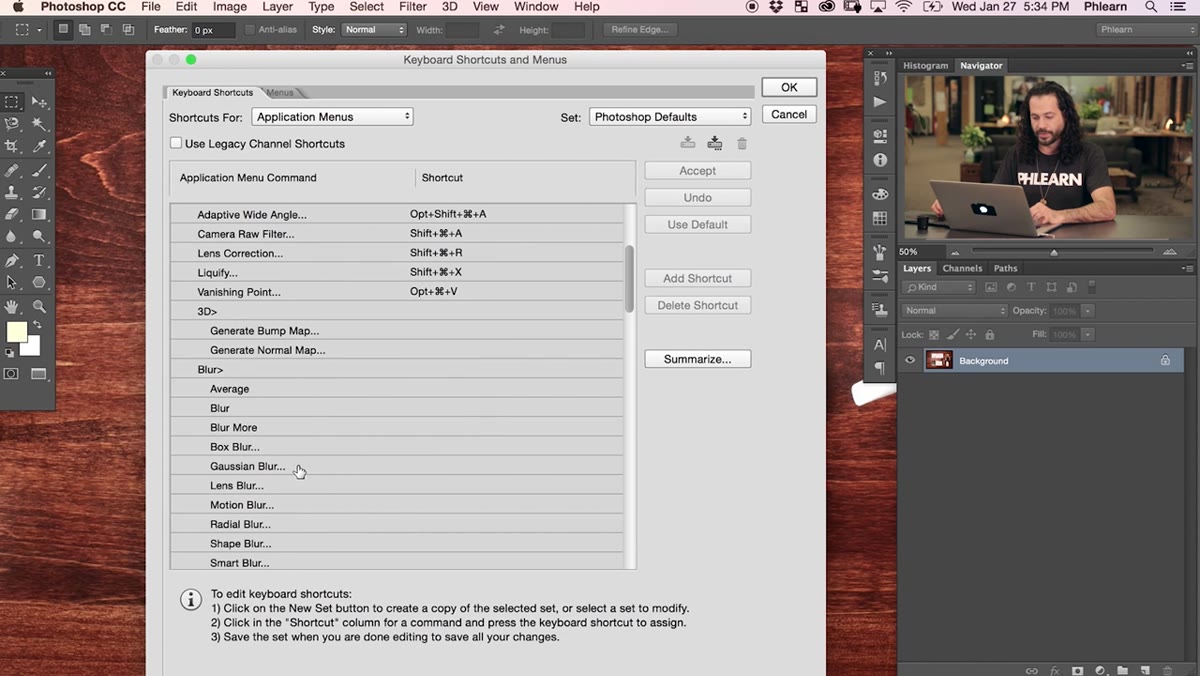 Keyboard Shortcuts dialog showing Filter > Blur expanded in the menu tree