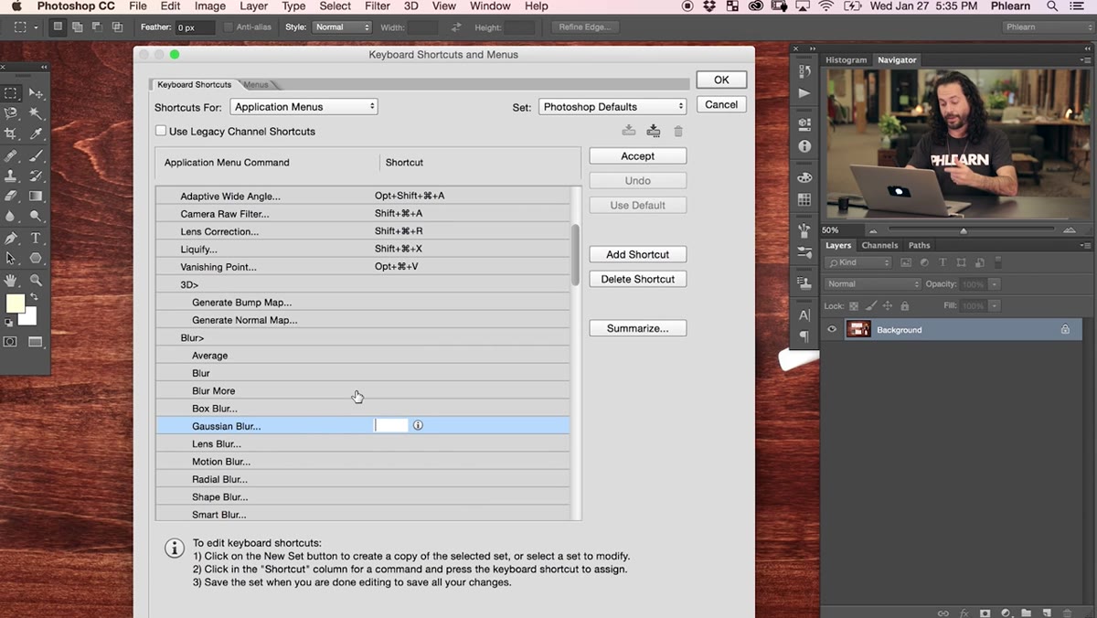 Clicking Gaussian Blur shortcut field and typing a key combination