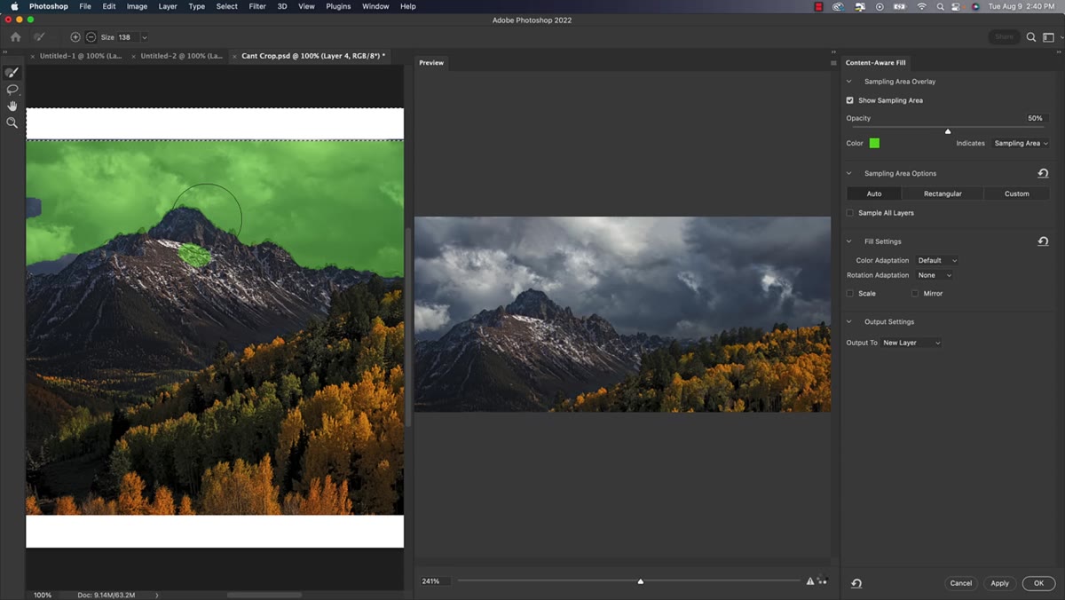 Content-Aware Fill dialog open with green sampling area visible