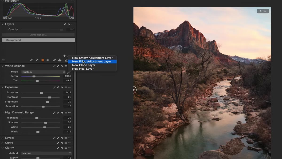 Layers panel open, New Filled Adjustment Layer option highlighted