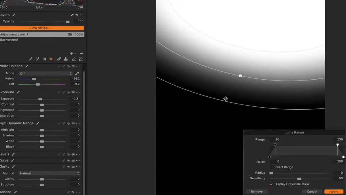 Luma Range panel open, slider pulled toward bright end of range