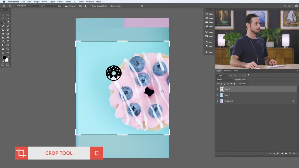 Crop tool active with Delete Cropped Pixels option unchecked in toolbar