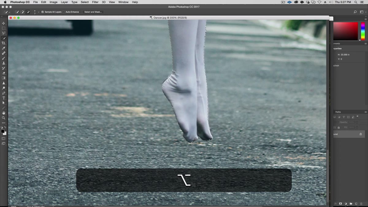 Quick Mask mode activated, red overlay showing selection on subject