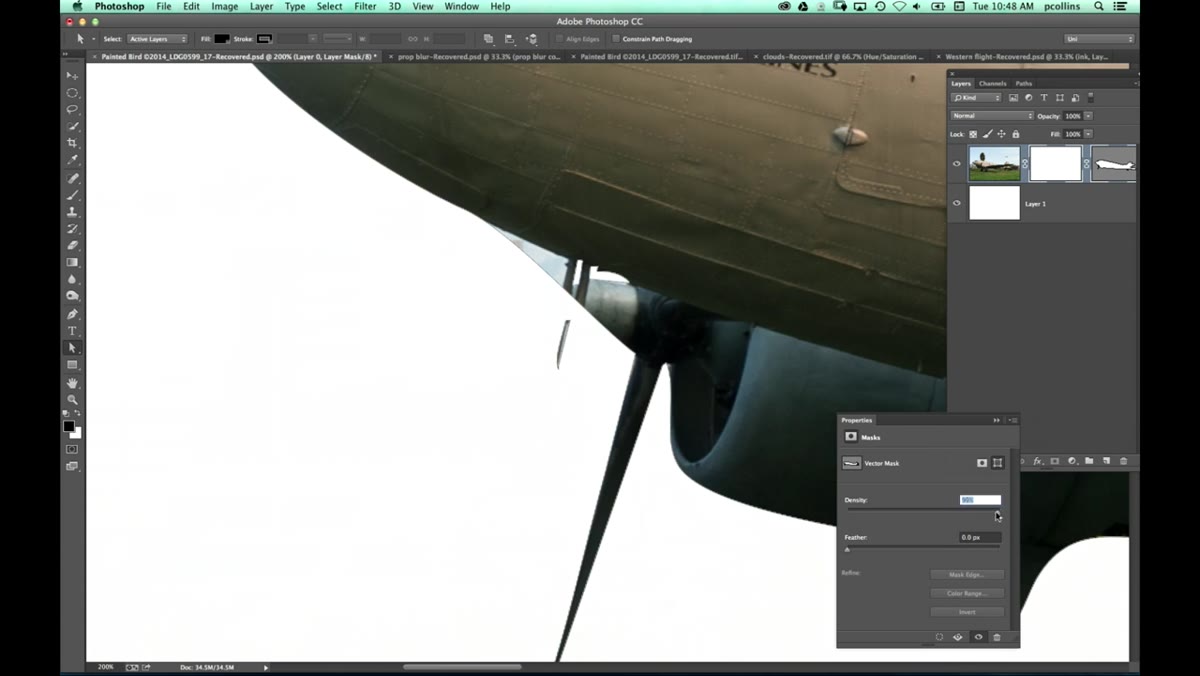 Mask Properties panel showing Density slider being reduced