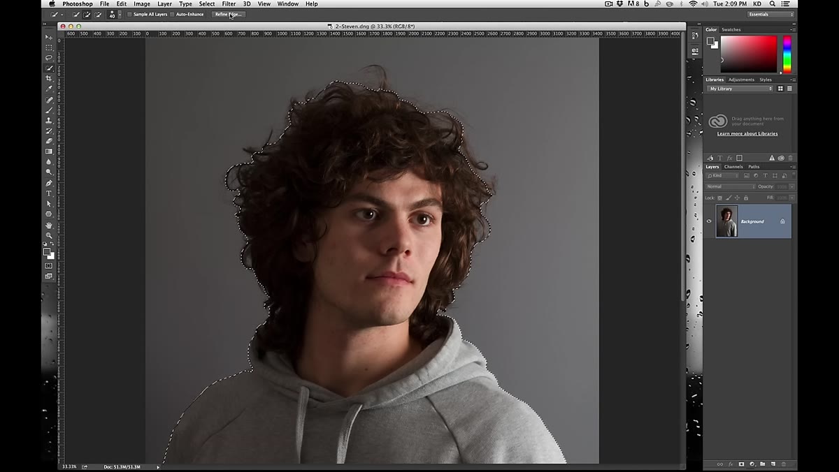 Refine Edge dialog box opening with selection active